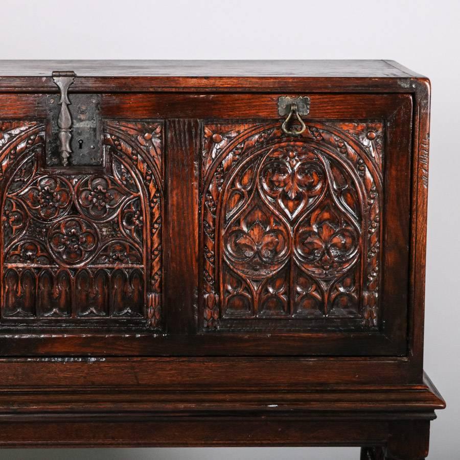 Hand-Carved Antique Spanish Vargueno Carved Oak Drop Front Desk, 19th Century