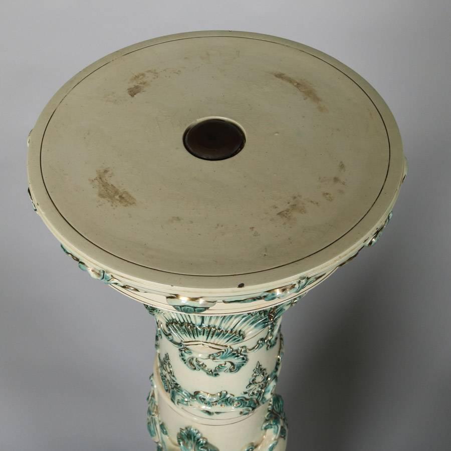Glazed Oversized Antique Victorian Urn Form Austrian Majolica Jardinière and Pedestal
