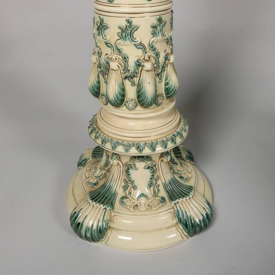 Oversized Antique Victorian Urn Form Austrian Majolica Jardinière and Pedestal In Good Condition In Big Flats, NY
