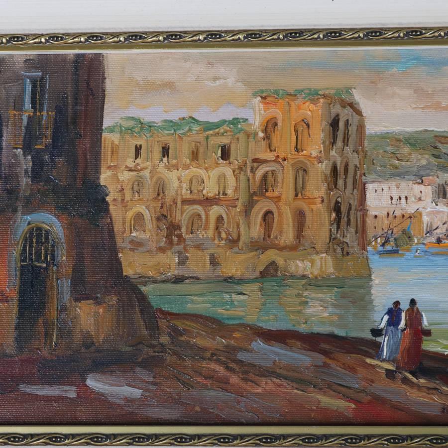 Italian oil on canvas painting depicts harbor scene in the Gulf of Naples, signed lower left Bellos, framed, 20th century

Measures: 15.75" H x 39" W x 1.5" D, framed; 7.75" H x 31" W, sight.
