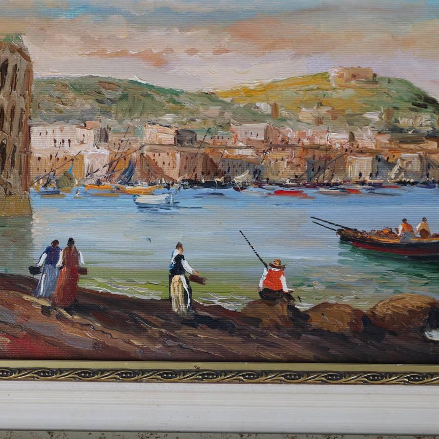 Hand-Painted Italian Oil on Canvas Painting of Harbor Scene in Gulf of Naples, Signed Bellos