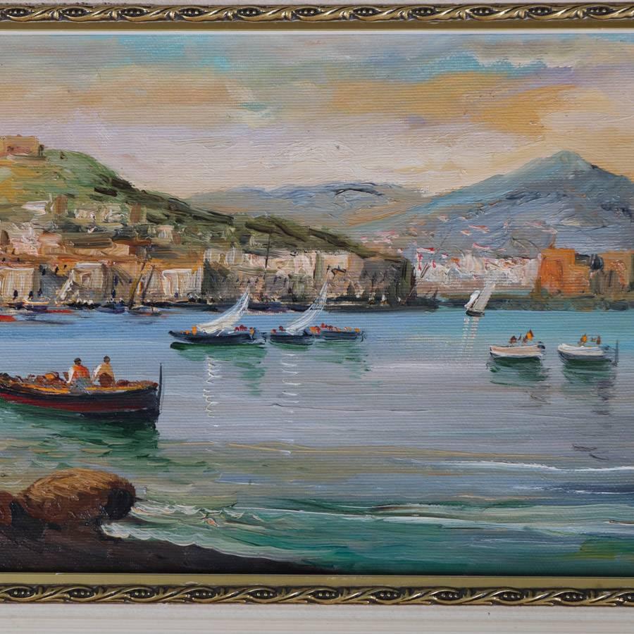 Italian Oil on Canvas Painting of Harbor Scene in Gulf of Naples, Signed Bellos In Good Condition In Big Flats, NY