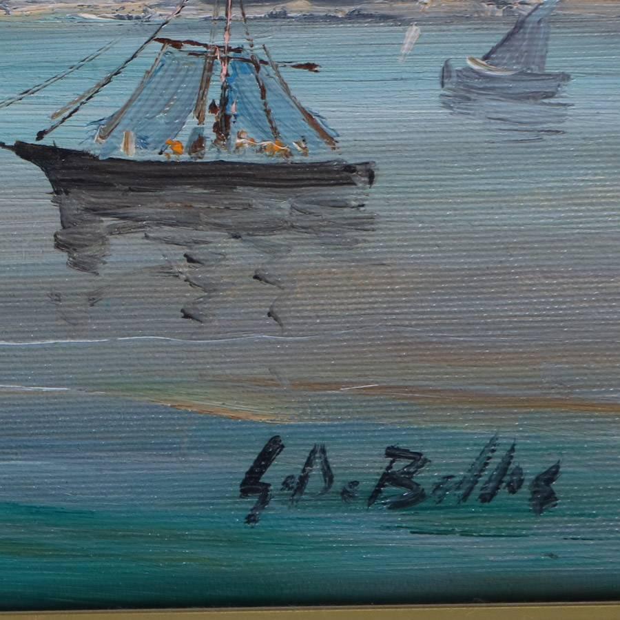 Italian Oil on Canvas Painting of Harbor Scene in Gulf of Naples, Signed Bellos 1