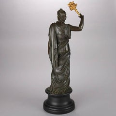 Antique Classical Bronze and Gilt Figural Statue of Woman with Floral Torchiere