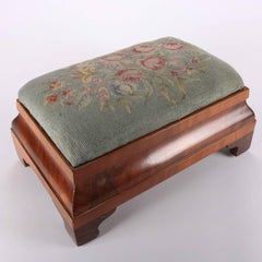 Antique Empire Flame Mahogany Ogee and Needlepoint Footstool, 19th Century