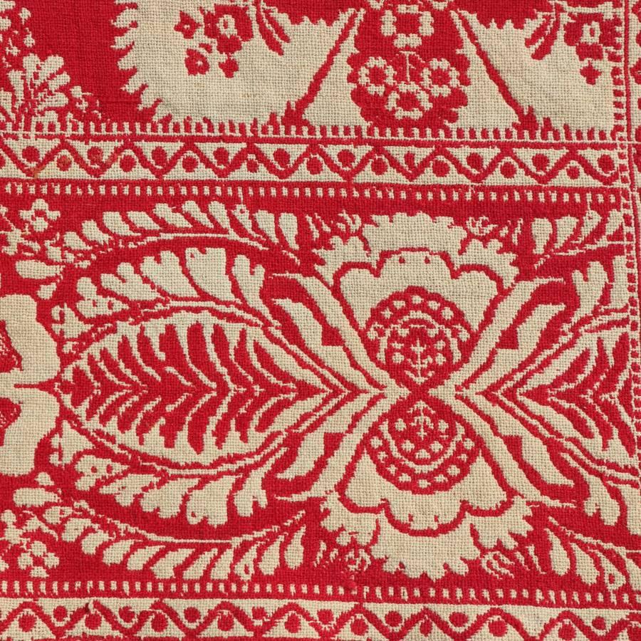 American Antique Loom Woven Red and White Floral Jacquard Coverlet, 19th Century