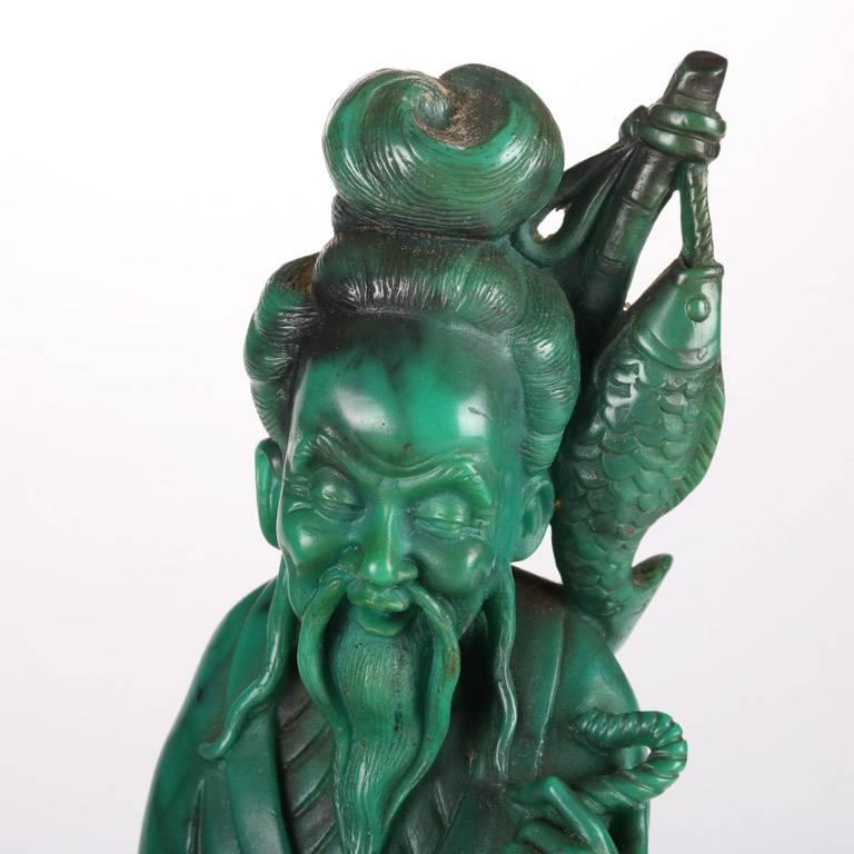 Hand-Carved Pair of Antique Chinese Carved Jade Figural Sculptures, Woman and Fisherman