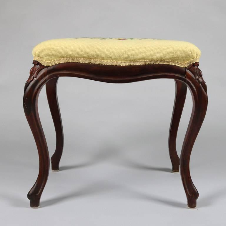 Upholstery French Louis XVI Needlepoint Upholstered Carved Rosewood Stool, 19th Century