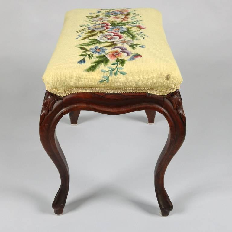 French Louis XVI Needlepoint Upholstered Carved Rosewood Stool, 19th Century 1