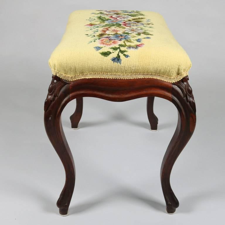 French Louis XVI Needlepoint Upholstered Carved Rosewood Stool, 19th Century In Good Condition In Big Flats, NY