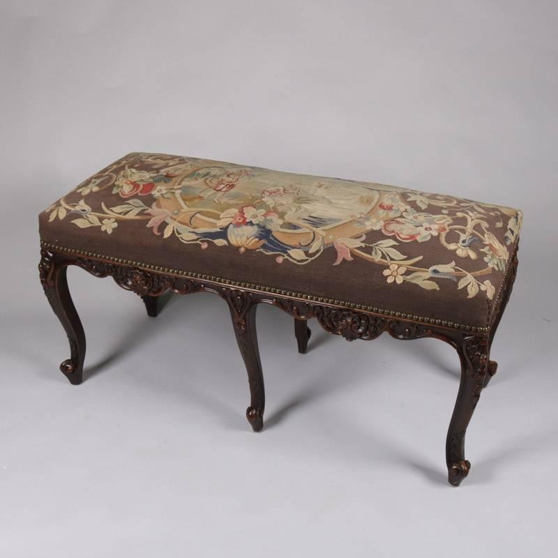 Upholstery Antique French, Louis XIV Style Caved Mahogany & Tapestry Bench, 19th Century
