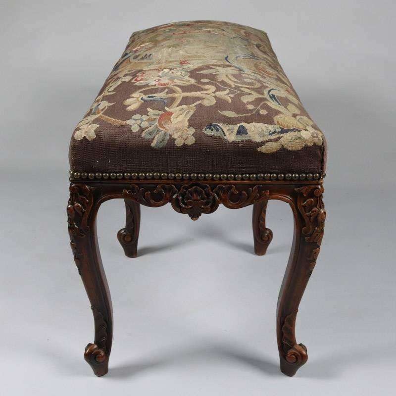 Antique French, Louis XIV Style Caved Mahogany & Tapestry Bench, 19th Century 1