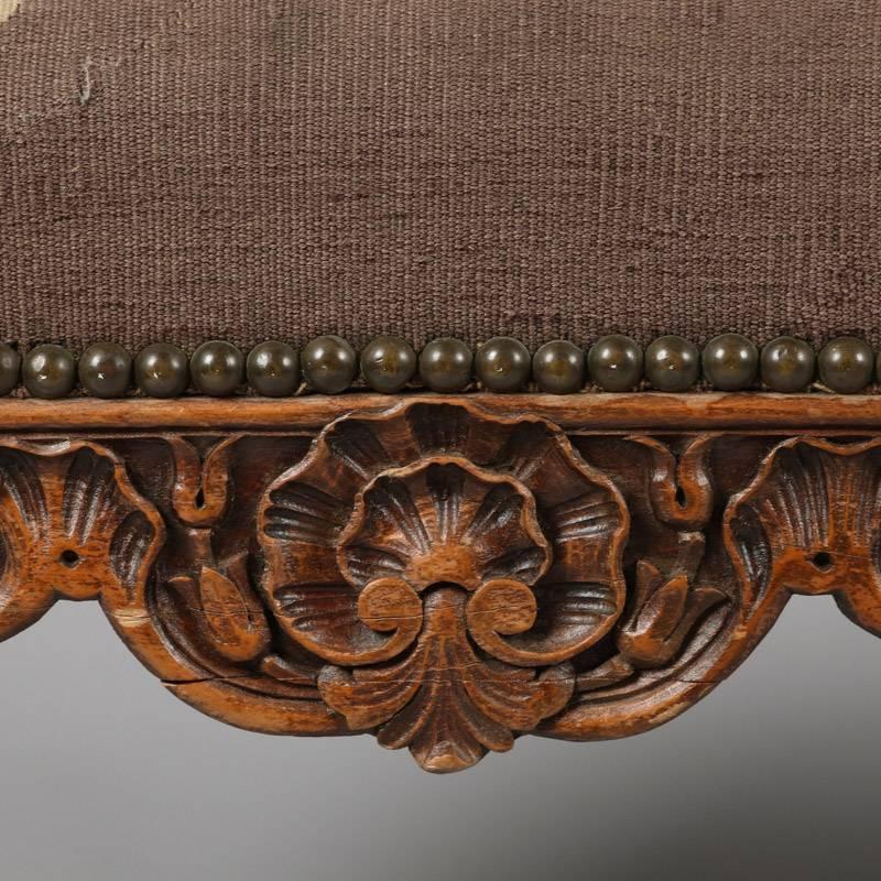 Antique French, Louis XIV Style Caved Mahogany & Tapestry Bench, 19th Century 3