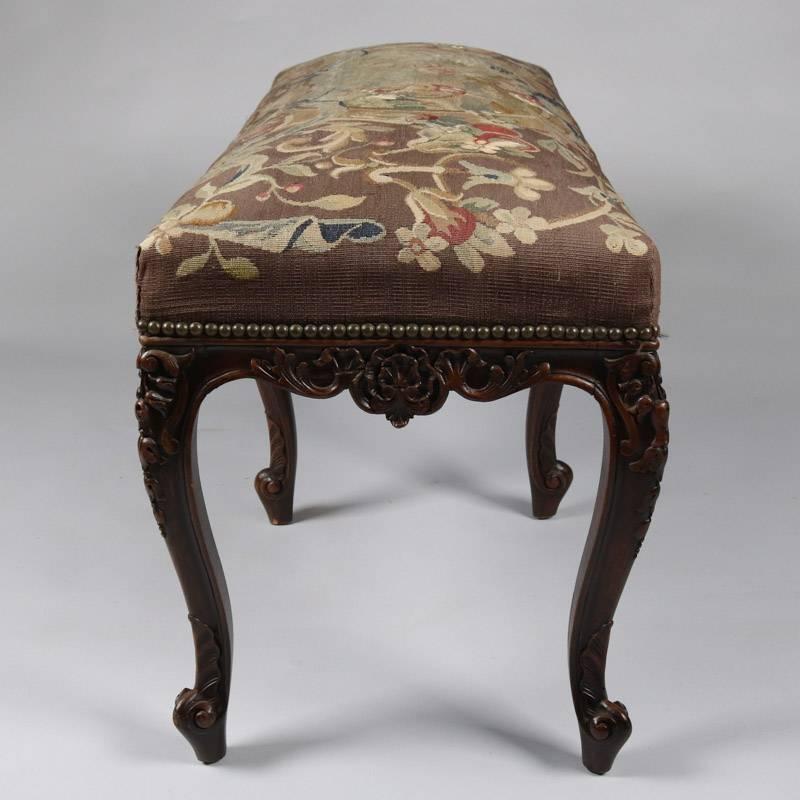 Antique French, Louis XIV Style Caved Mahogany & Tapestry Bench, 19th Century 5