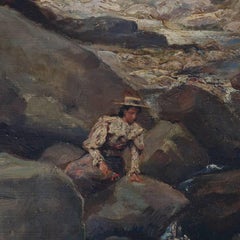 Antique Hudson River School Oil on Canvas "Mountain Stream", Signed 19th Century