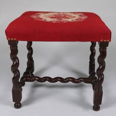 Antique Carved Mahogany Barley Twist Footstool with Floral Needlepoint Cushion