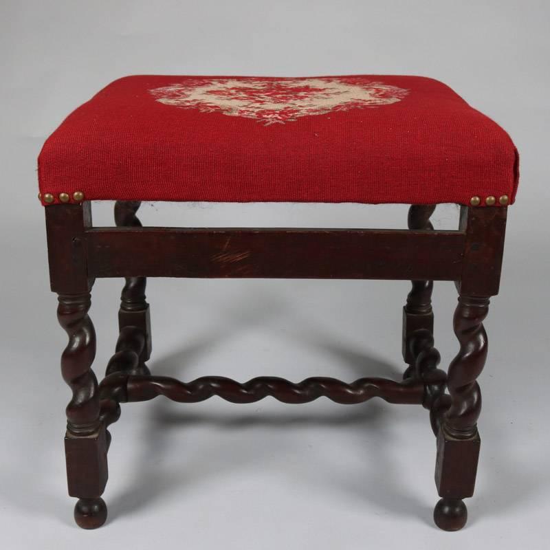 European Antique Carved Mahogany Barley Twist Footstool with Floral Needlepoint Cushion