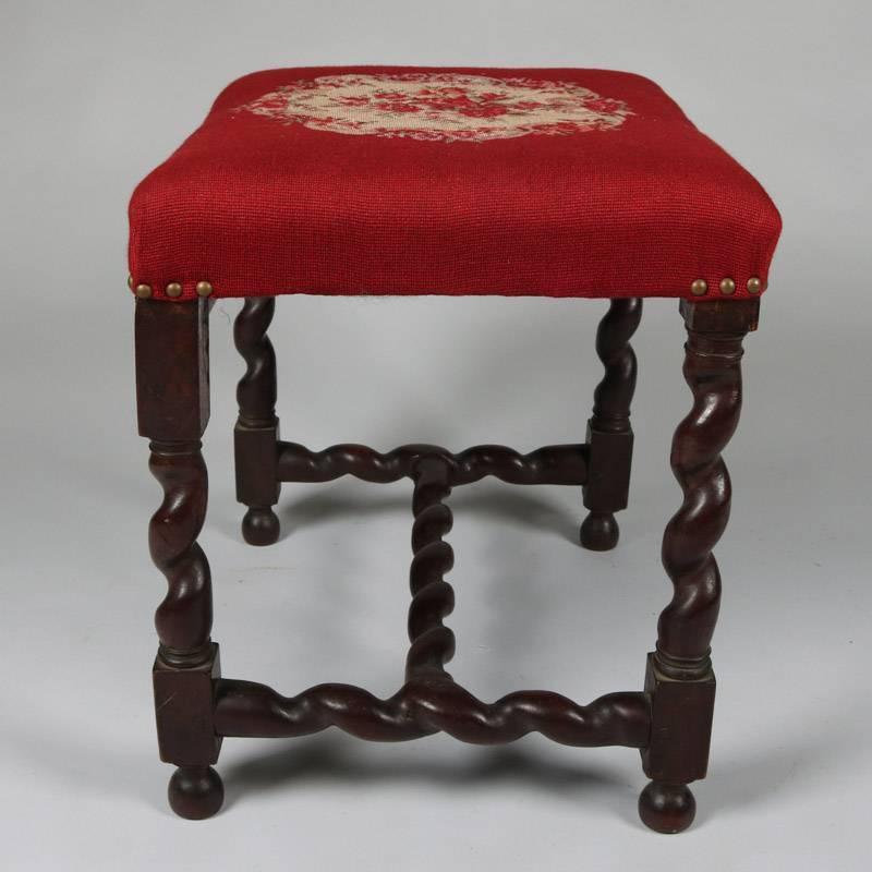 Antique Carved Mahogany Barley Twist Footstool with Floral Needlepoint Cushion In Good Condition In Big Flats, NY