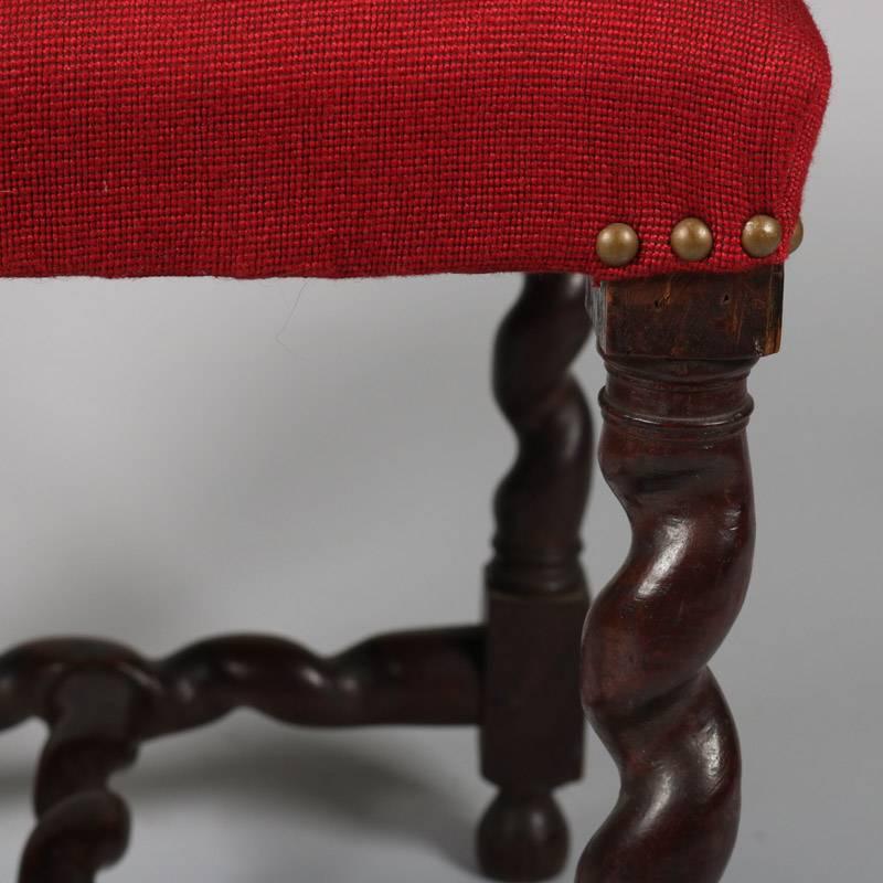 19th Century Antique Carved Mahogany Barley Twist Footstool with Floral Needlepoint Cushion