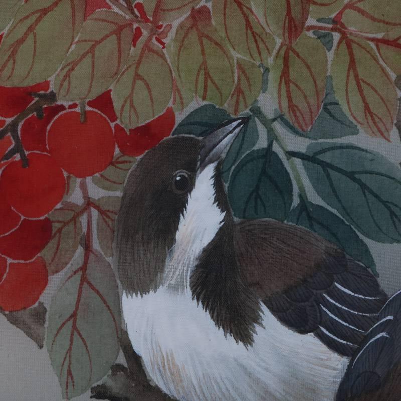 Hand-Painted Antique Chinese Style Painting of Birds & Berries, Chop Mark Signed