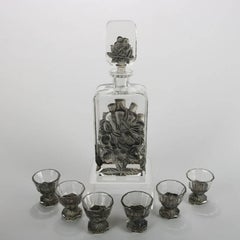 Antique French Lalique School Liqueur Set with Decanter and Six Aperitif Goblets