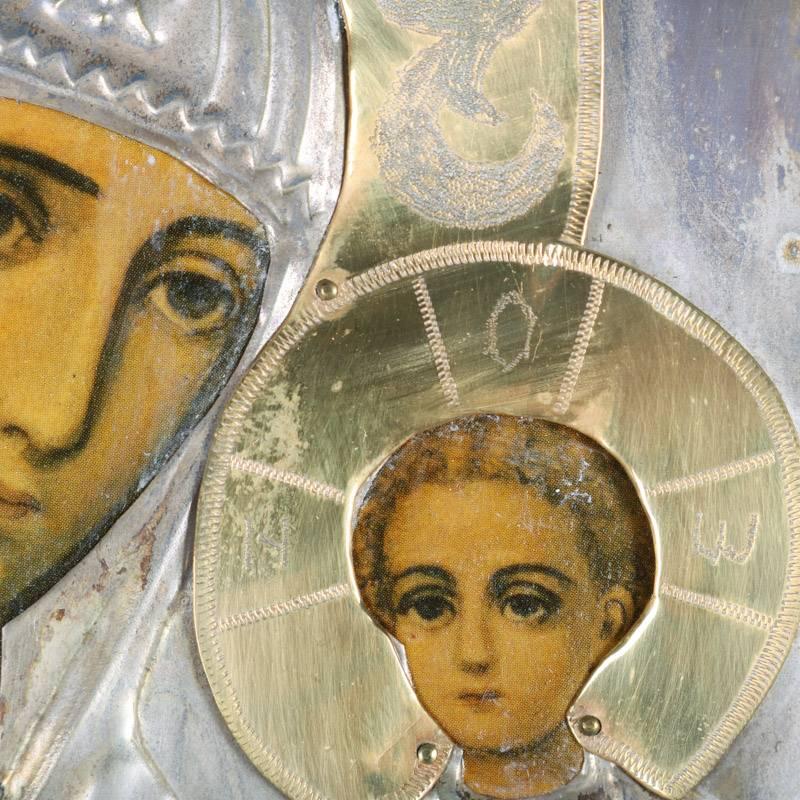 Antique Russian Orthodox Painted Metal Madonna and Child Icon, Signed and Framed In Good Condition In Big Flats, NY