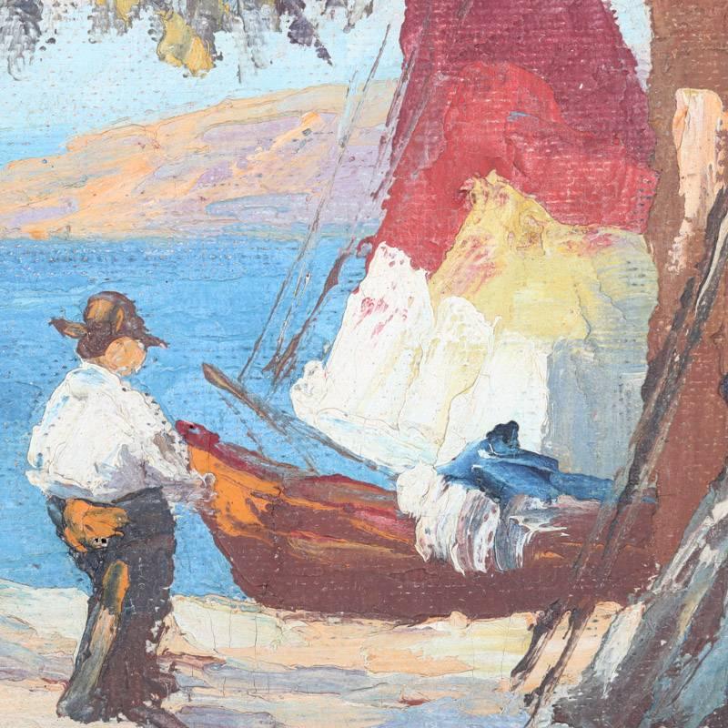 Antique Italian oil on canvas impressionist painting of Venetian harbour scene with sailboat, signed lower right and seated in giltwood frame, 19th century.

Measures: 20