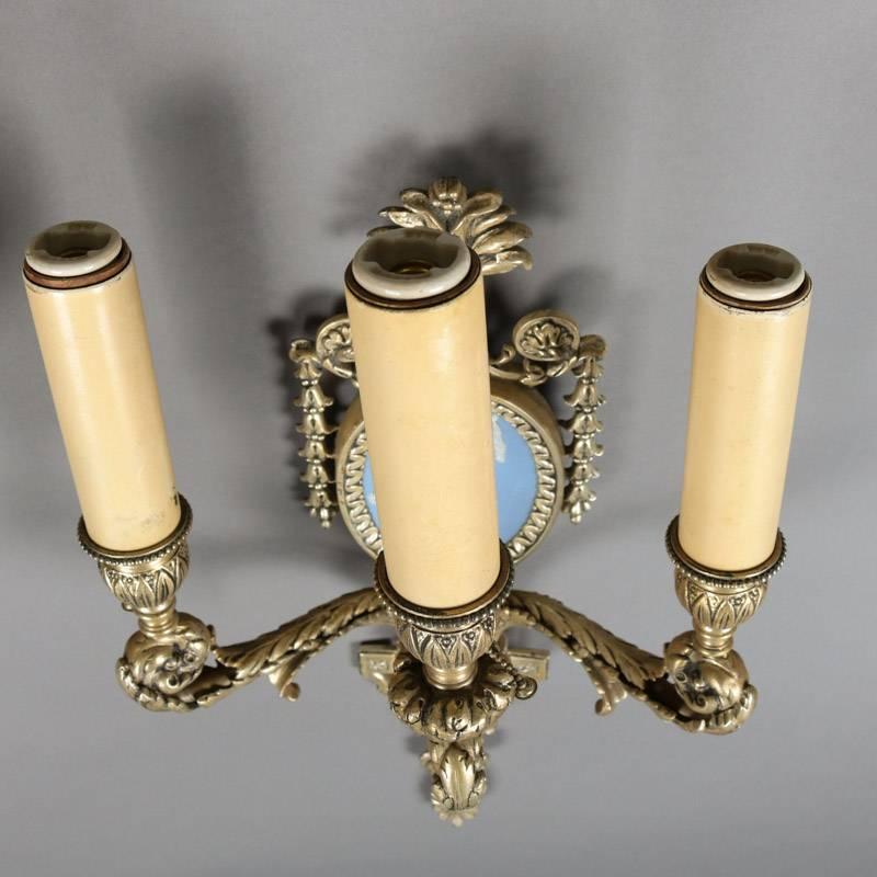 20th Century Pair of Antique Classical Urn & Acanthus Form Gilt Sconce, Wedgwood Porcelain