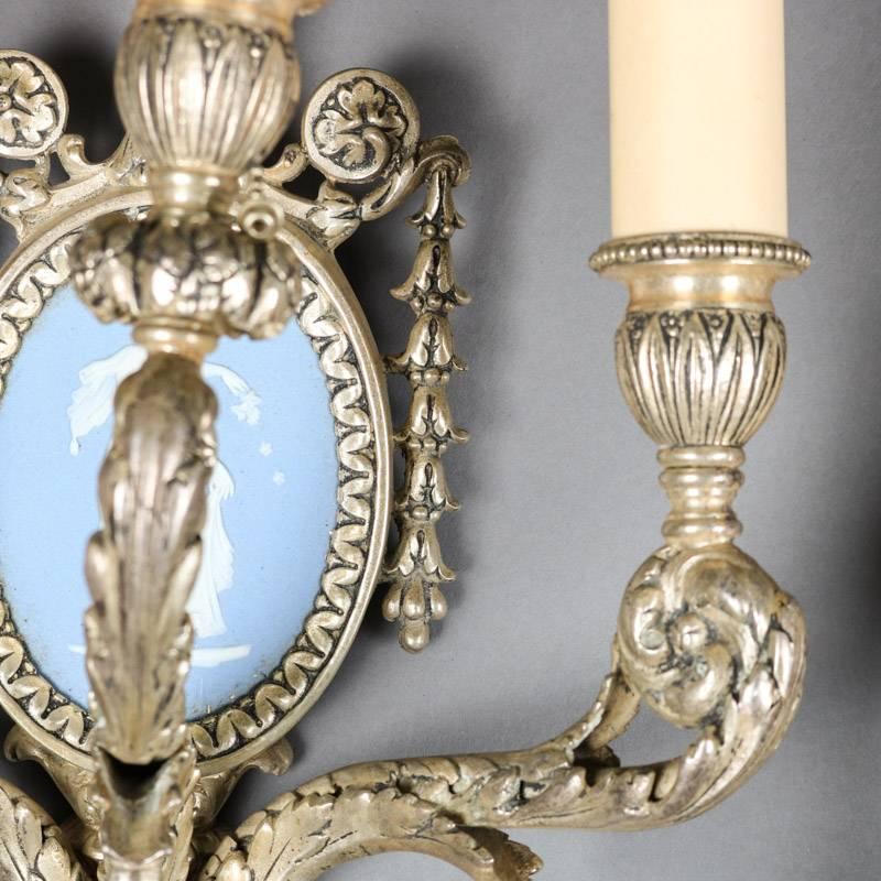 Metal Pair of Antique Classical Urn & Acanthus Form Gilt Sconce, Wedgwood Porcelain