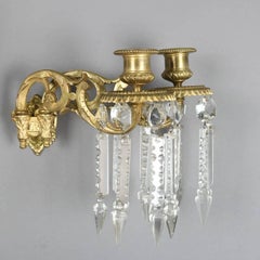 Pair of Antique French Gilt Bronze and Crystal Foliate Dual Candle Wall Sconces