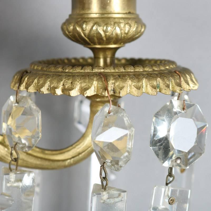 19th Century Pair of Antique French Gilt Bronze and Crystal Foliate Dual Candle Wall Sconces