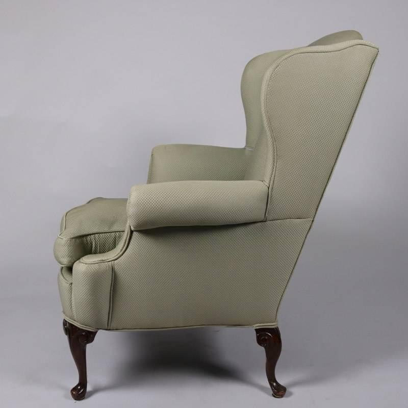 Pair of Antique Sage Queen Anne Style Upholstered Wingback Chairs, 20th Century In Good Condition In Big Flats, NY
