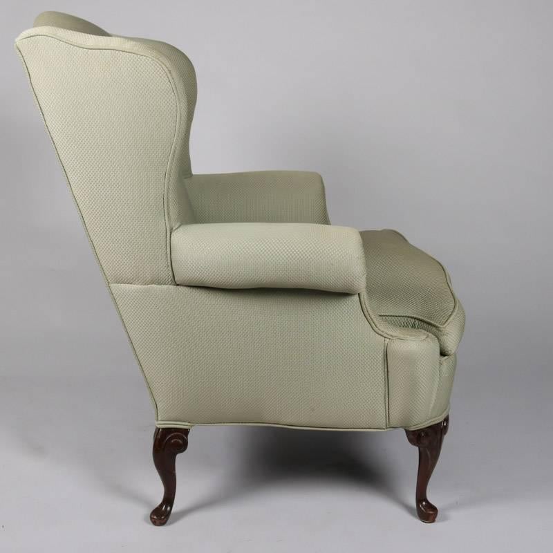 Pair of Antique Sage Queen Anne Style Upholstered Wingback Chairs, 20th Century 1