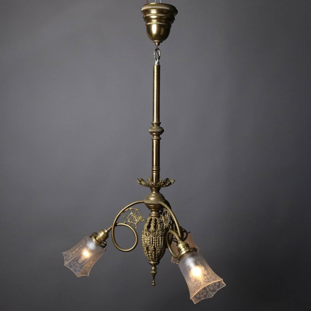 Three-Light Foliate and Scroll Form Brass Chandelier with Etched Shades 3