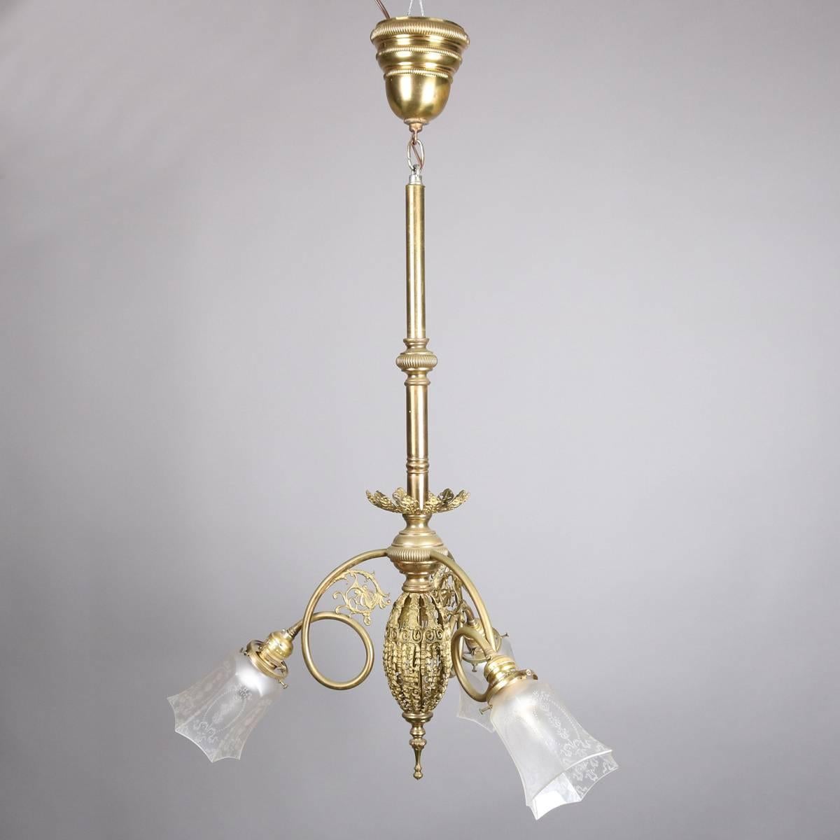 Three-Light Foliate and Scroll Form Brass Chandelier with Etched Shades In Good Condition In Big Flats, NY