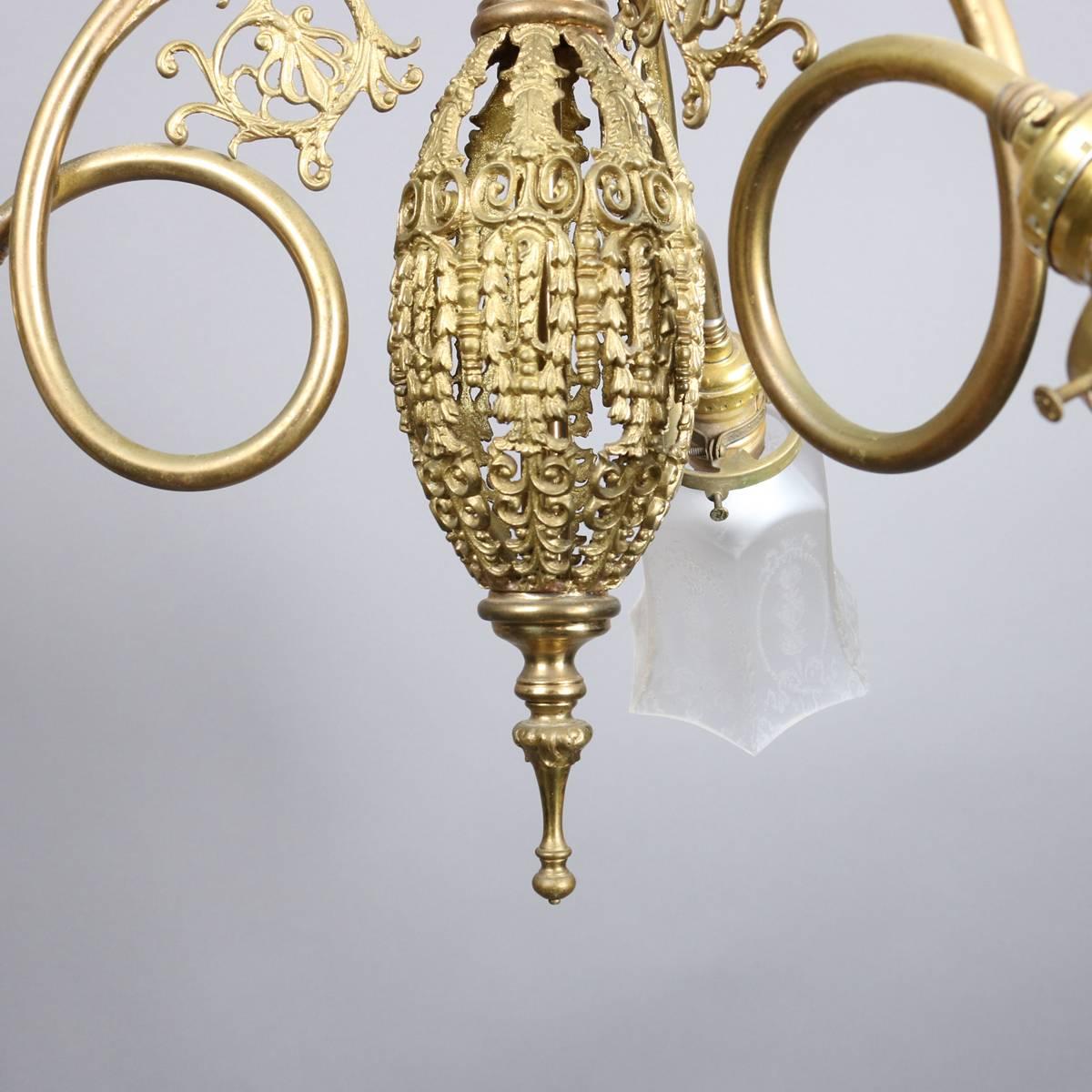 Three-Light Foliate and Scroll Form Brass Chandelier with Etched Shades 2