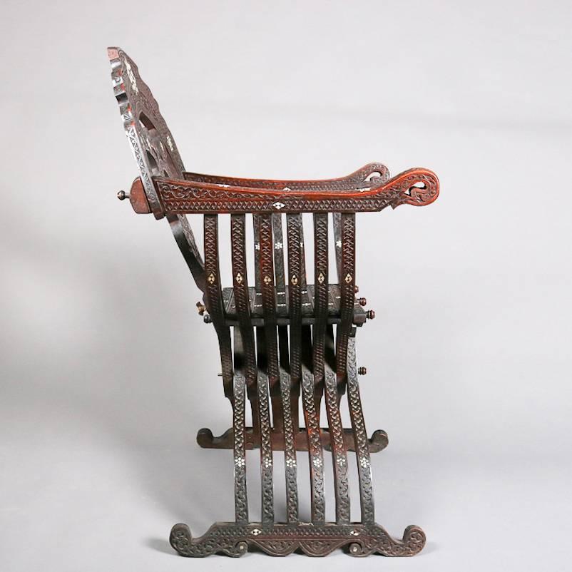 Antique Syrian/Turkish Mother-of-Pearl Inlaid Carved Throne Curule Chair 2