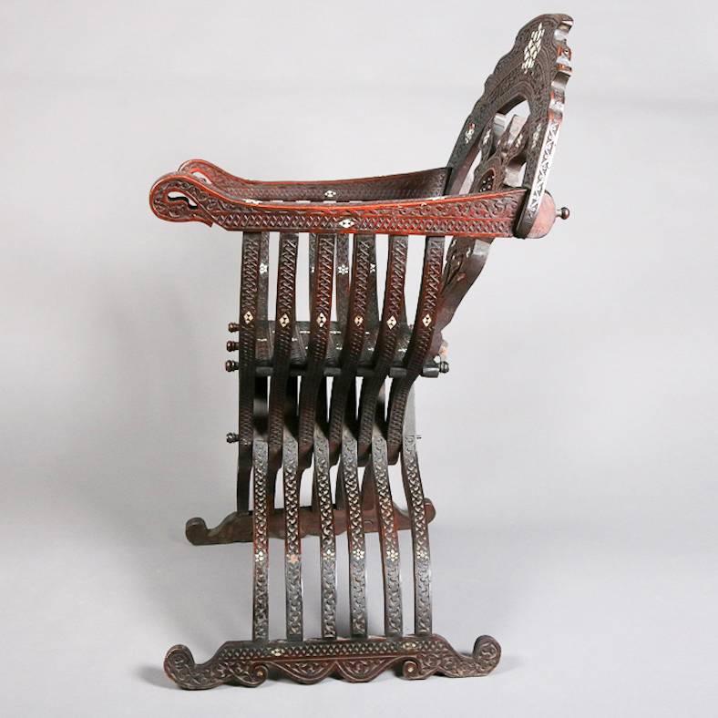 19th Century Antique Syrian/Turkish Mother-of-Pearl Inlaid Carved Throne Curule Chair