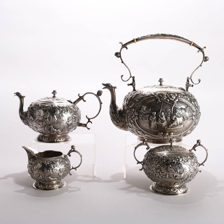 Four-Piece Antique Dutch .800 Silver Repousse Figural and Scenic Tea Set 3