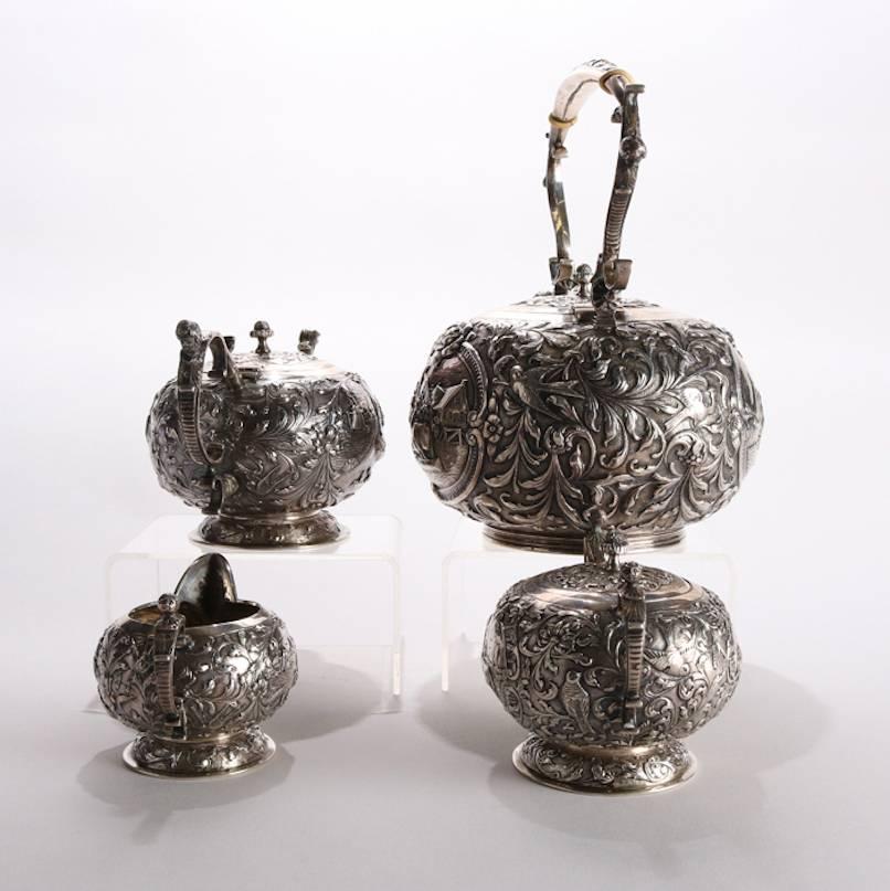 Four-Piece Antique Dutch .800 Silver Repousse Figural and Scenic Tea Set 4