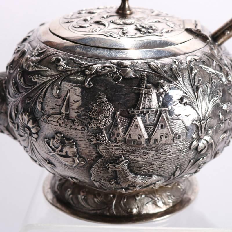German Four-Piece Antique Dutch .800 Silver Repousse Figural and Scenic Tea Set