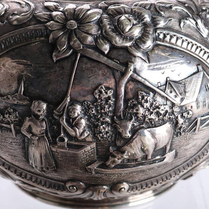 Four-Piece Antique Dutch .800 Silver Repousse Figural and Scenic Tea Set 1