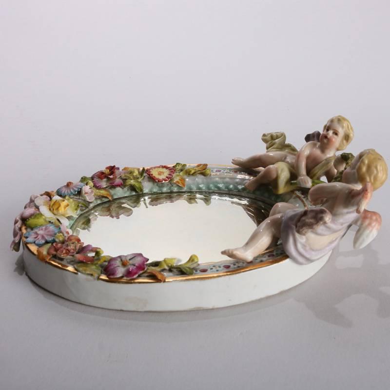 Beveled Antique German Hand-Painted Meissen School Figural Porcelain Vanity Mirror