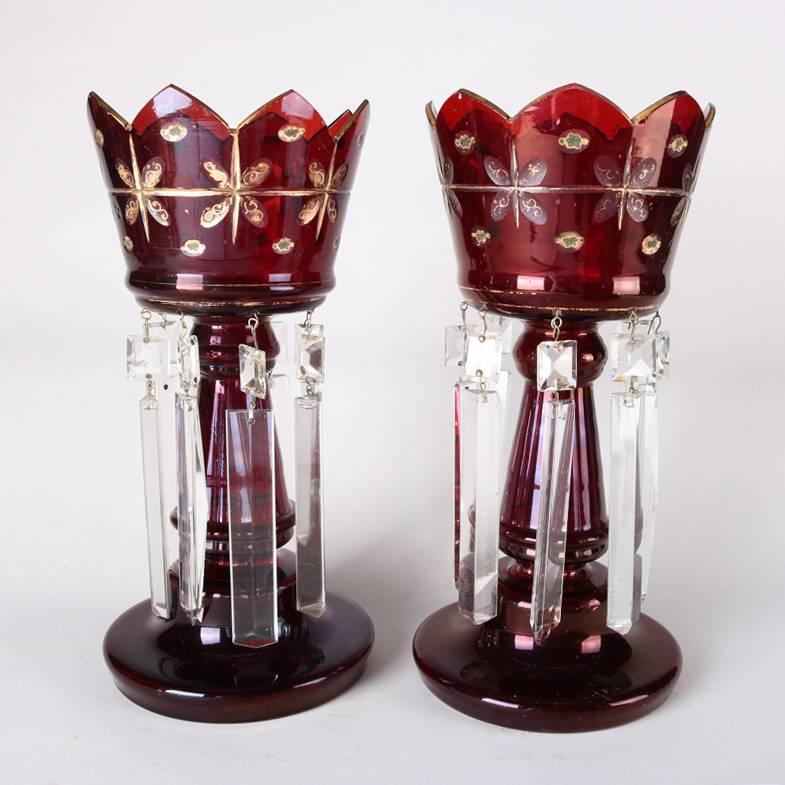 Victorian Pair of Antique Gilt and Cut Cranberry Glass Mantel Lustres with Prisms
