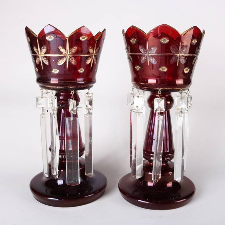 Pair of Antique Gilt and Cut Cranberry Glass Mantel Lustres with Prisms