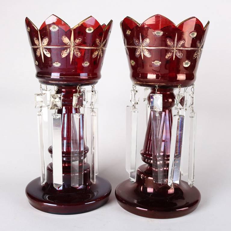 American Pair of Antique Gilt and Cut Cranberry Glass Mantel Lustres with Prisms