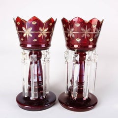 Pair of Antique Gilt and Cut Cranberry Glass Mantel Lustres with Prisms