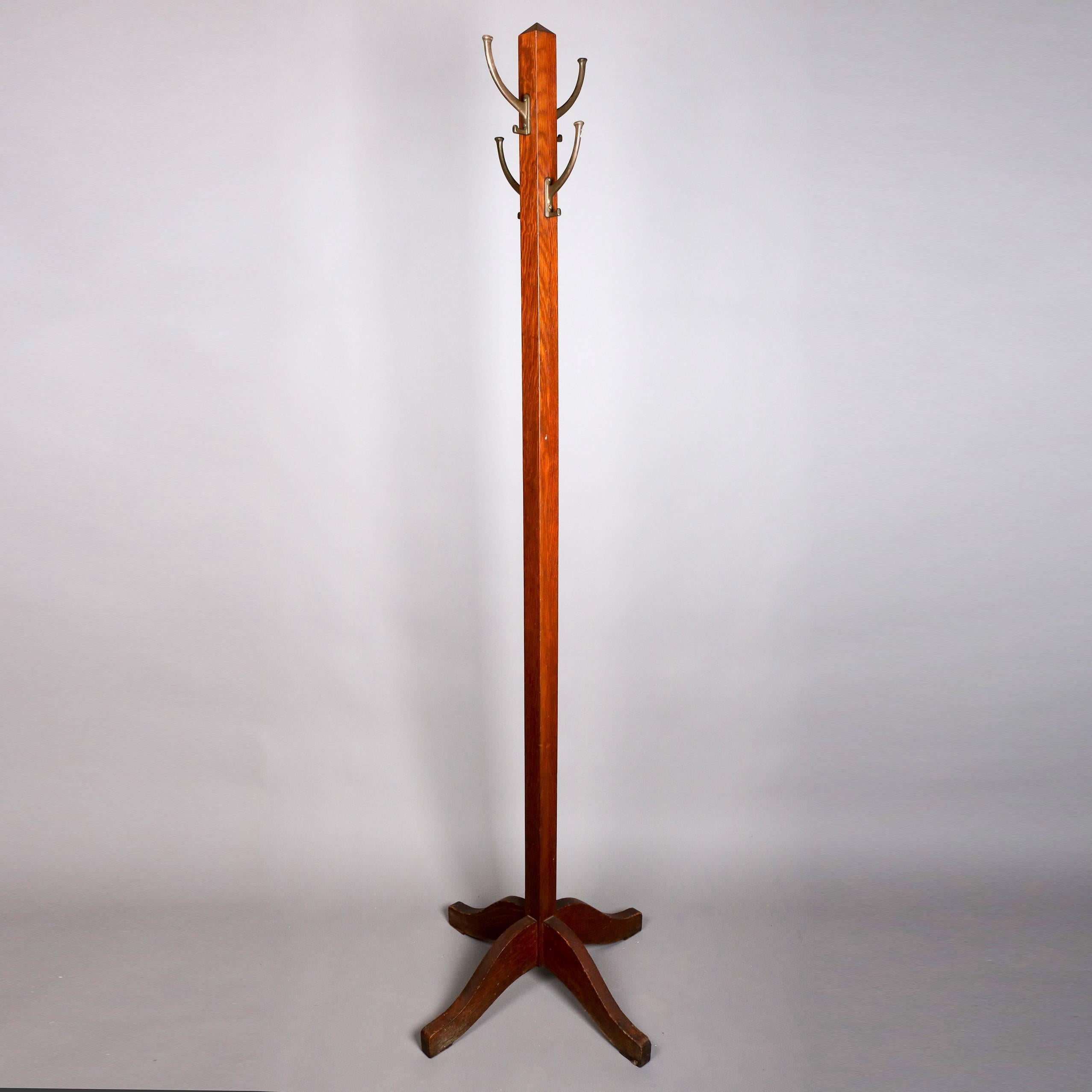 Antique Arts & Crafts mission oak hall tree coat rack with four hooks, early 20th century

Measures - 72