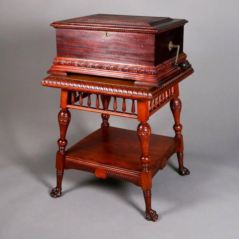 Antique Stella Double Comb Music Box with Mahogany Case and Stand, 19th