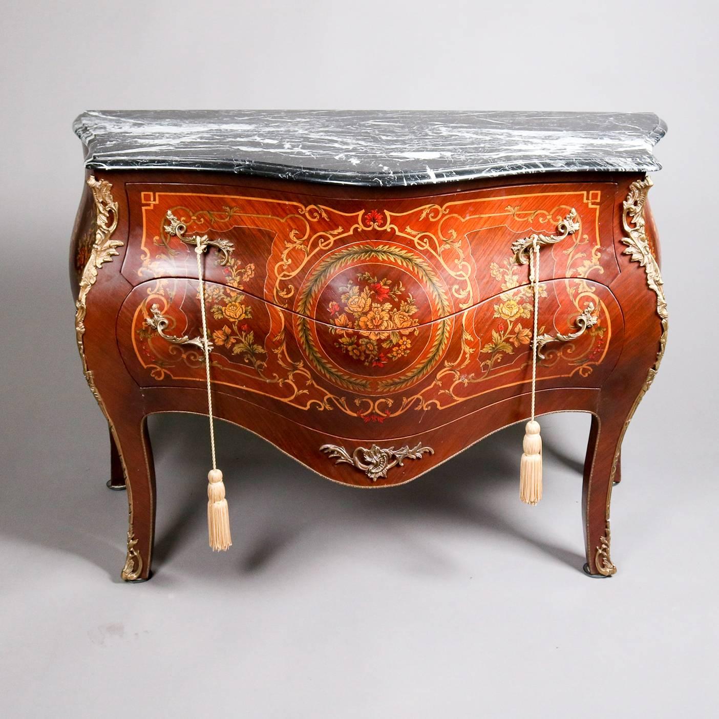 French Louis XV Style Hand Painted Marble Top Two-Drawer Bombe Commode 3